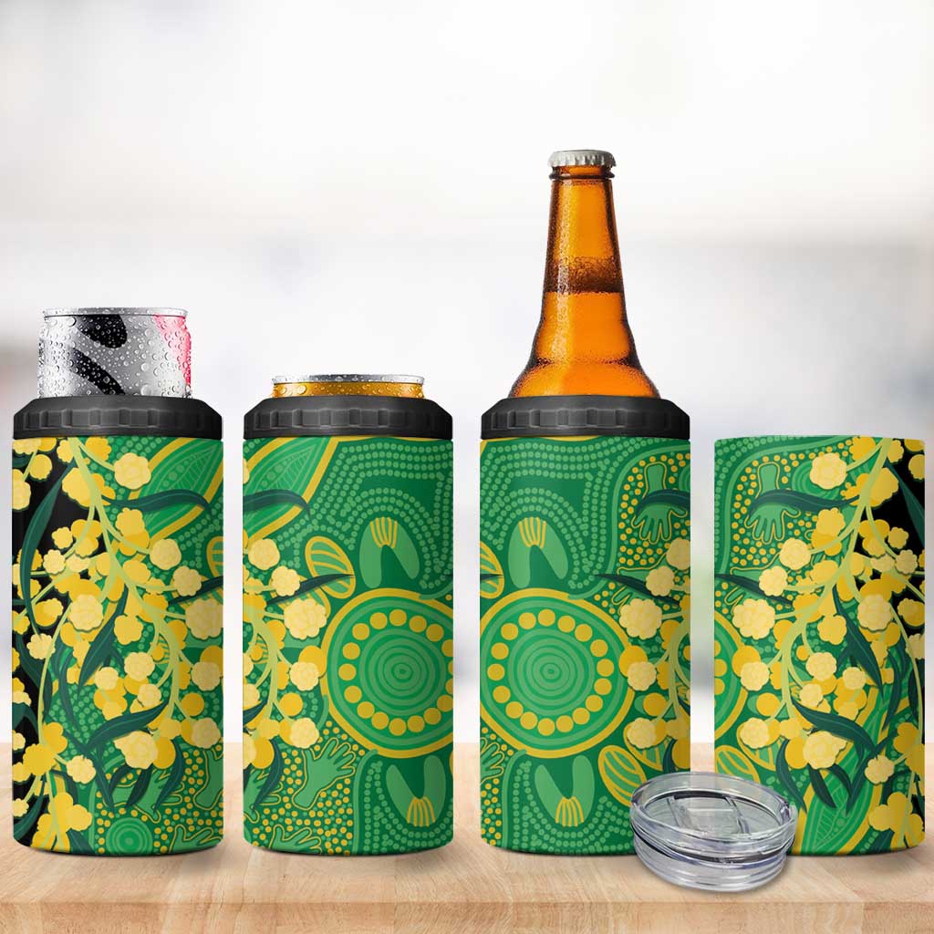 Australia Golden Wattle 4 in 1 Can Cooler Tumbler Aussie Native Flowers Indigenous Art - Aussie Hoodie