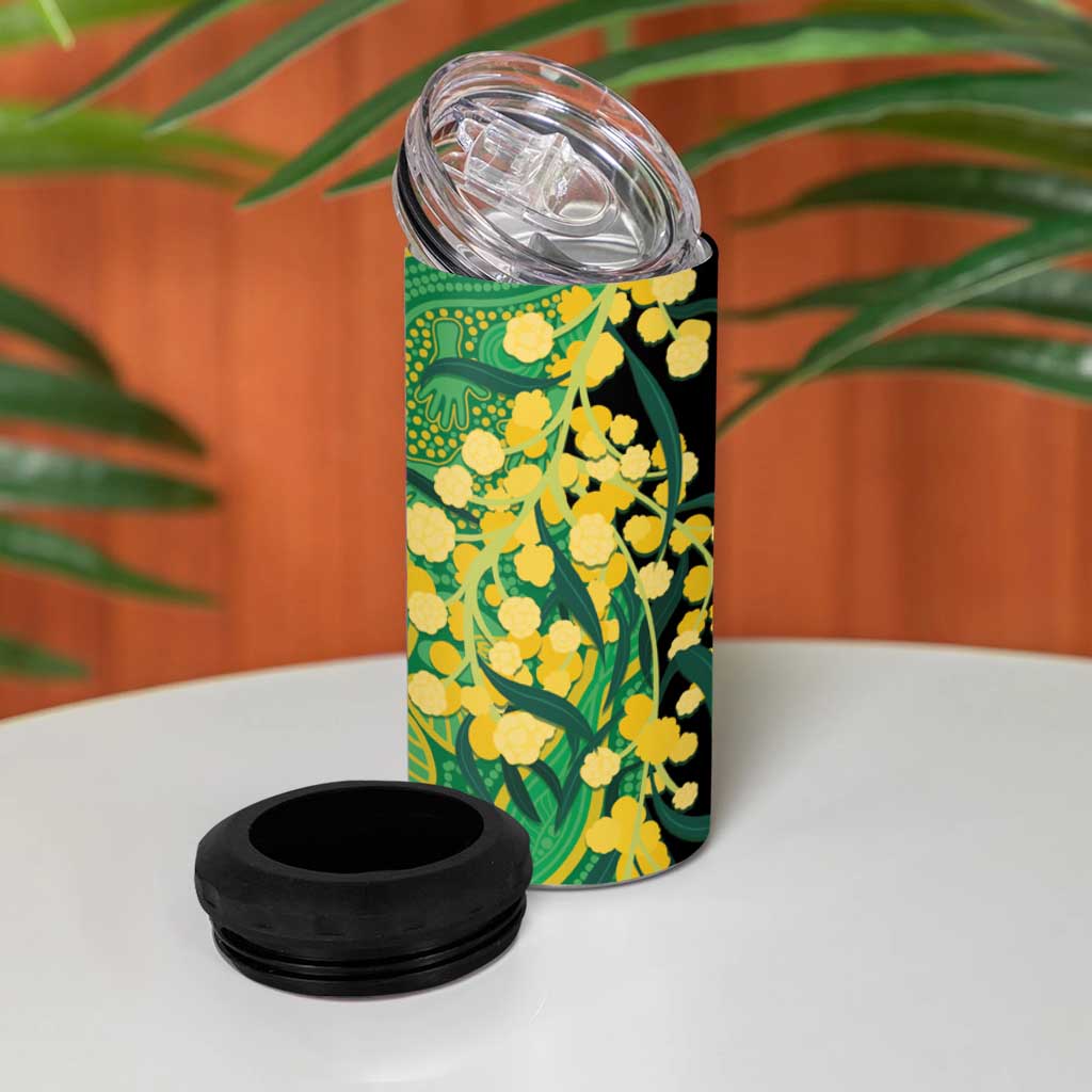 Australia Golden Wattle 4 in 1 Can Cooler Tumbler Aussie Native Flowers Indigenous Art - Aussie Hoodie