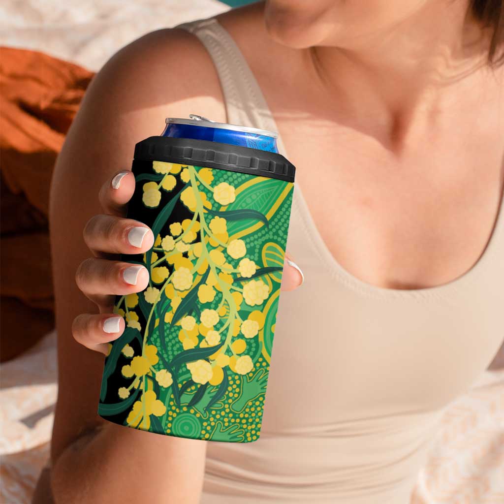 Australia Golden Wattle 4 in 1 Can Cooler Tumbler Aussie Native Flowers Indigenous Art - Aussie Hoodie