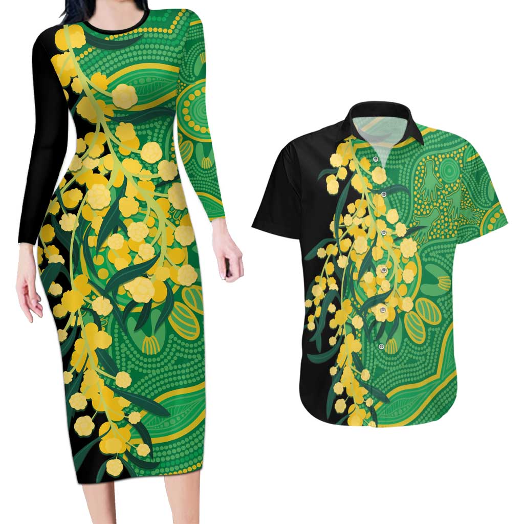 Australia Golden Wattle Couples Matching Long Sleeve Bodycon Dress and Hawaiian Shirt Aussie Native Flowers Indigenous Art - Aussie Hoodie