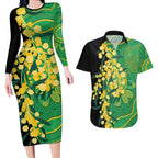 Australia Golden Wattle Couples Matching Long Sleeve Bodycon Dress and Hawaiian Shirt Aussie Native Flowers Indigenous Art - Aussie Hoodie