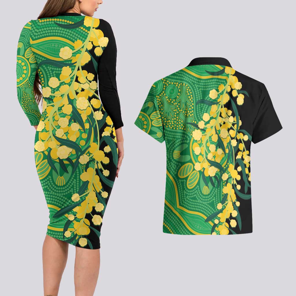 Australia Golden Wattle Couples Matching Long Sleeve Bodycon Dress and Hawaiian Shirt Aussie Native Flowers Indigenous Art - Aussie Hoodie