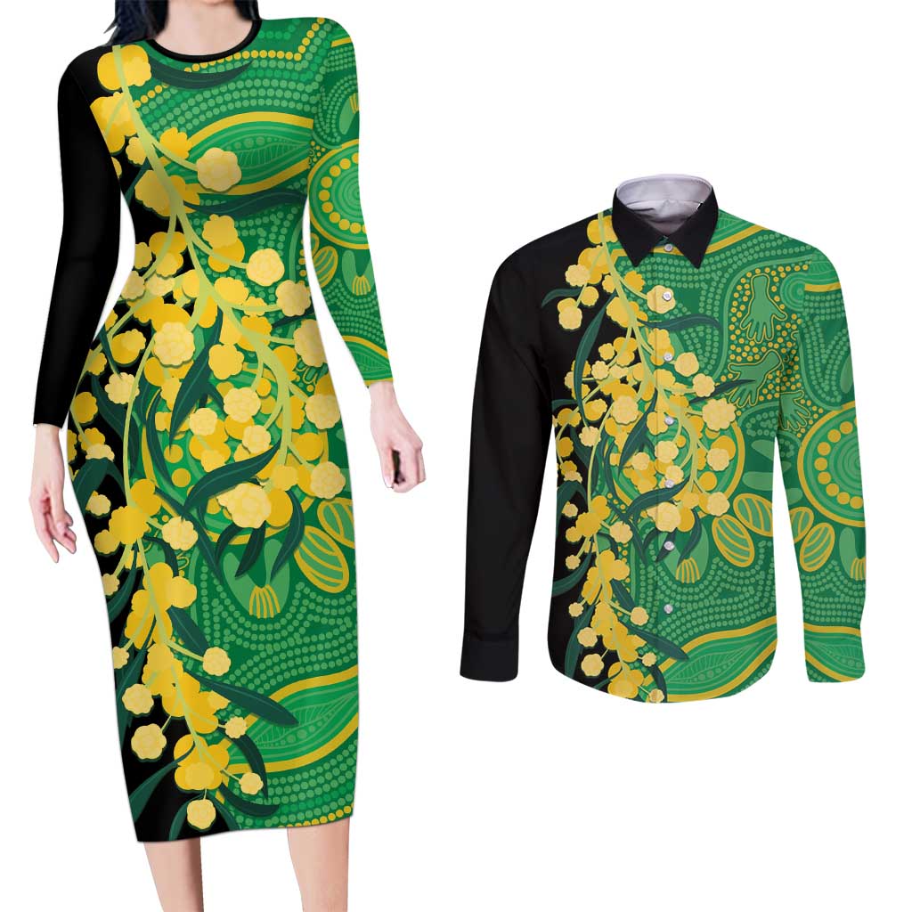 Australia Golden Wattle Couples Matching Long Sleeve Bodycon Dress and Long Sleeve Button Shirt Aussie Native Flowers Indigenous Art - Aussie Hoodie