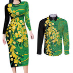 Australia Golden Wattle Couples Matching Long Sleeve Bodycon Dress and Long Sleeve Button Shirt Aussie Native Flowers Indigenous Art - Aussie Hoodie