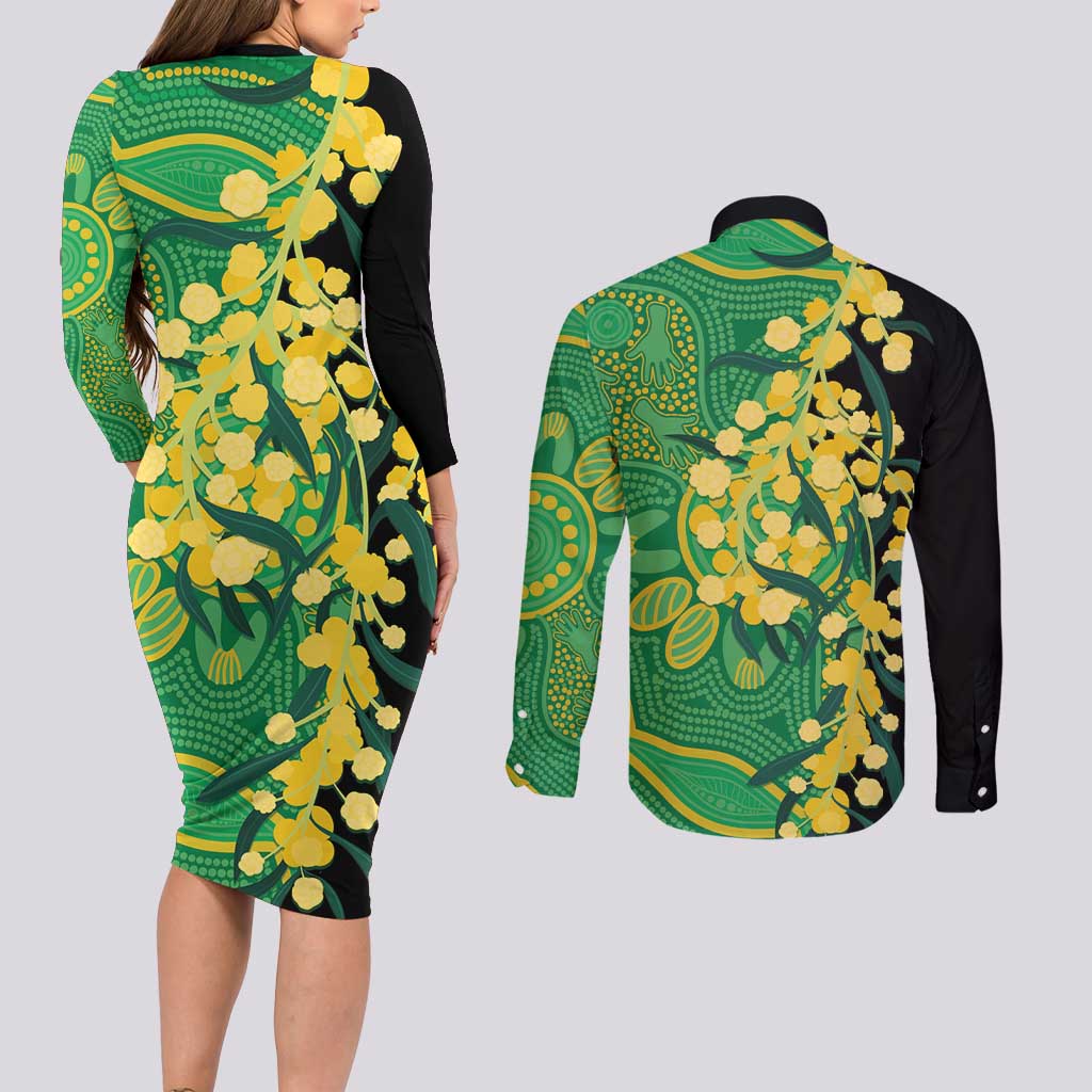 Australia Golden Wattle Couples Matching Long Sleeve Bodycon Dress and Long Sleeve Button Shirt Aussie Native Flowers Indigenous Art - Aussie Hoodie