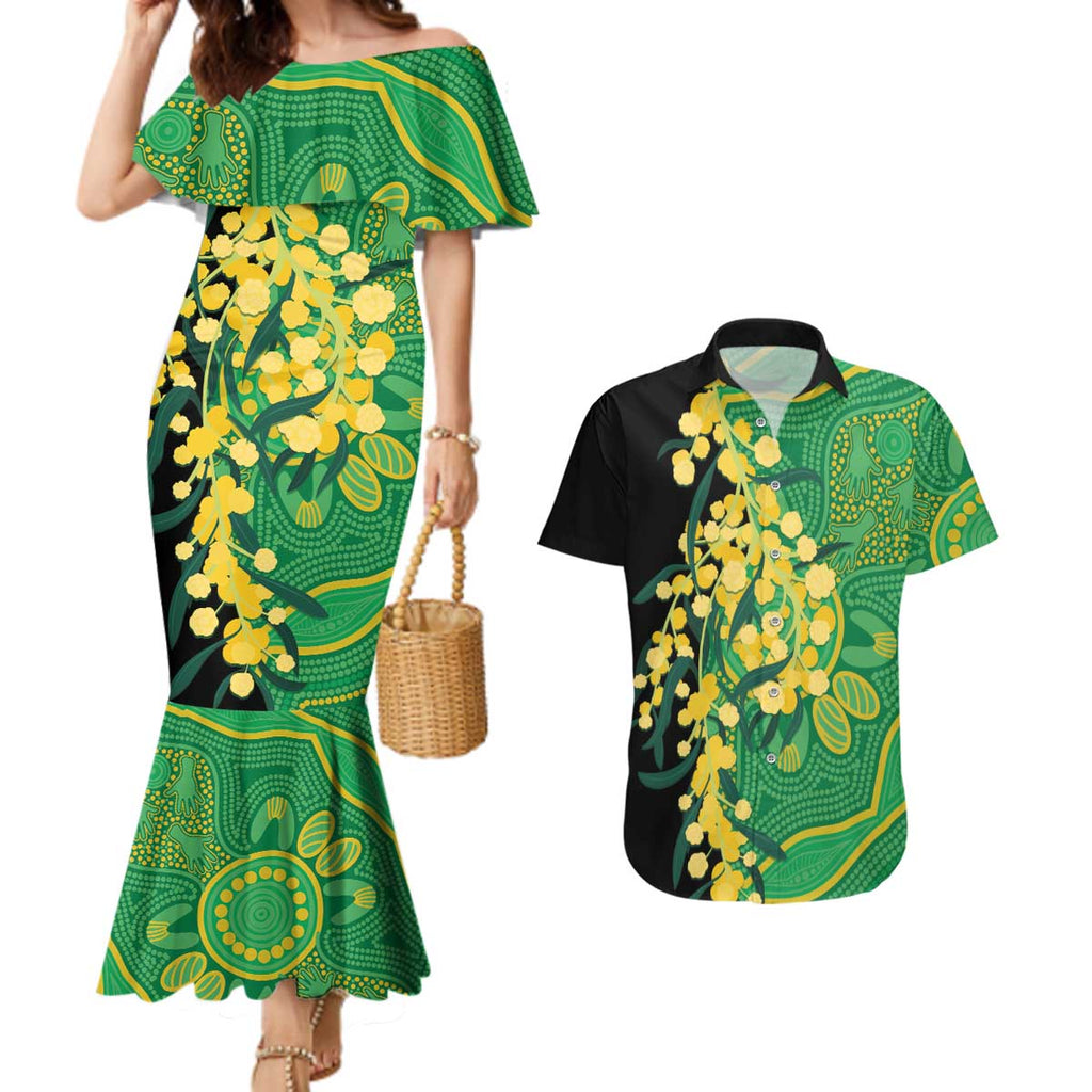 Australia Golden Wattle Couples Matching Mermaid Dress and Hawaiian Shirt Aussie Native Flowers Indigenous Art - Aussie Hoodie
