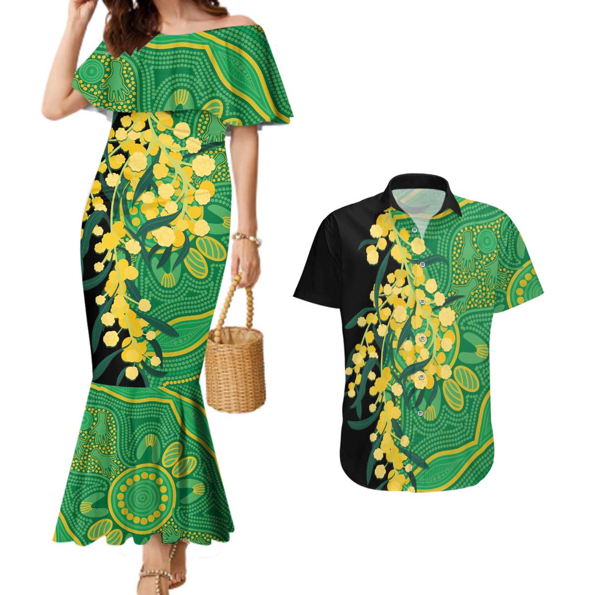 Australia Golden Wattle Couples Matching Mermaid Dress and Hawaiian Shirt Aussie Native Flowers Indigenous Art - Aussie Hoodie