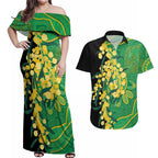 Australia Golden Wattle Couples Matching Off Shoulder Maxi Dress and Hawaiian Shirt Aussie Native Flowers Indigenous Art - Aussie Hoodie