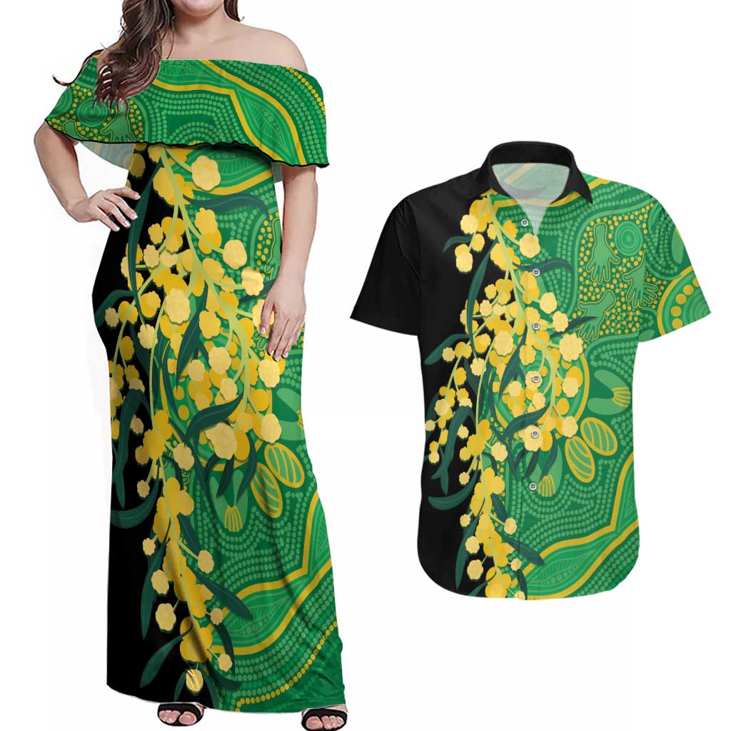 Australia Golden Wattle Couples Matching Off Shoulder Maxi Dress and Hawaiian Shirt Aussie Native Flowers Indigenous Art - Aussie Hoodie