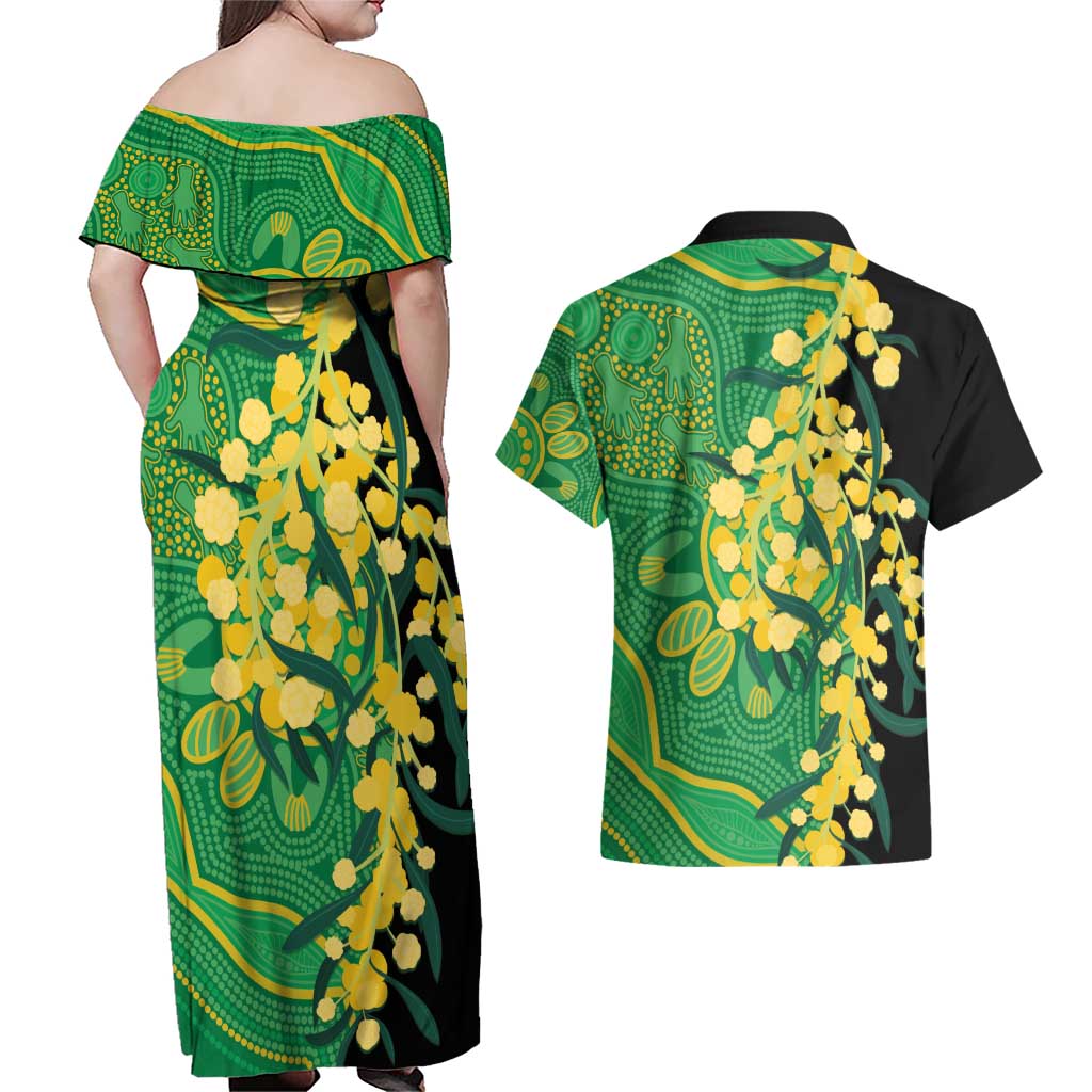 Australia Golden Wattle Couples Matching Off Shoulder Maxi Dress and Hawaiian Shirt Aussie Native Flowers Indigenous Art - Aussie Hoodie