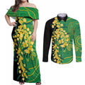 Australia Golden Wattle Couples Matching Off Shoulder Maxi Dress and Long Sleeve Button Shirt Aussie Native Flowers Indigenous Art - Aussie Hoodie