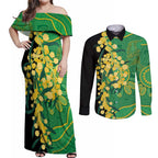 Australia Golden Wattle Couples Matching Off Shoulder Maxi Dress and Long Sleeve Button Shirt Aussie Native Flowers Indigenous Art - Aussie Hoodie