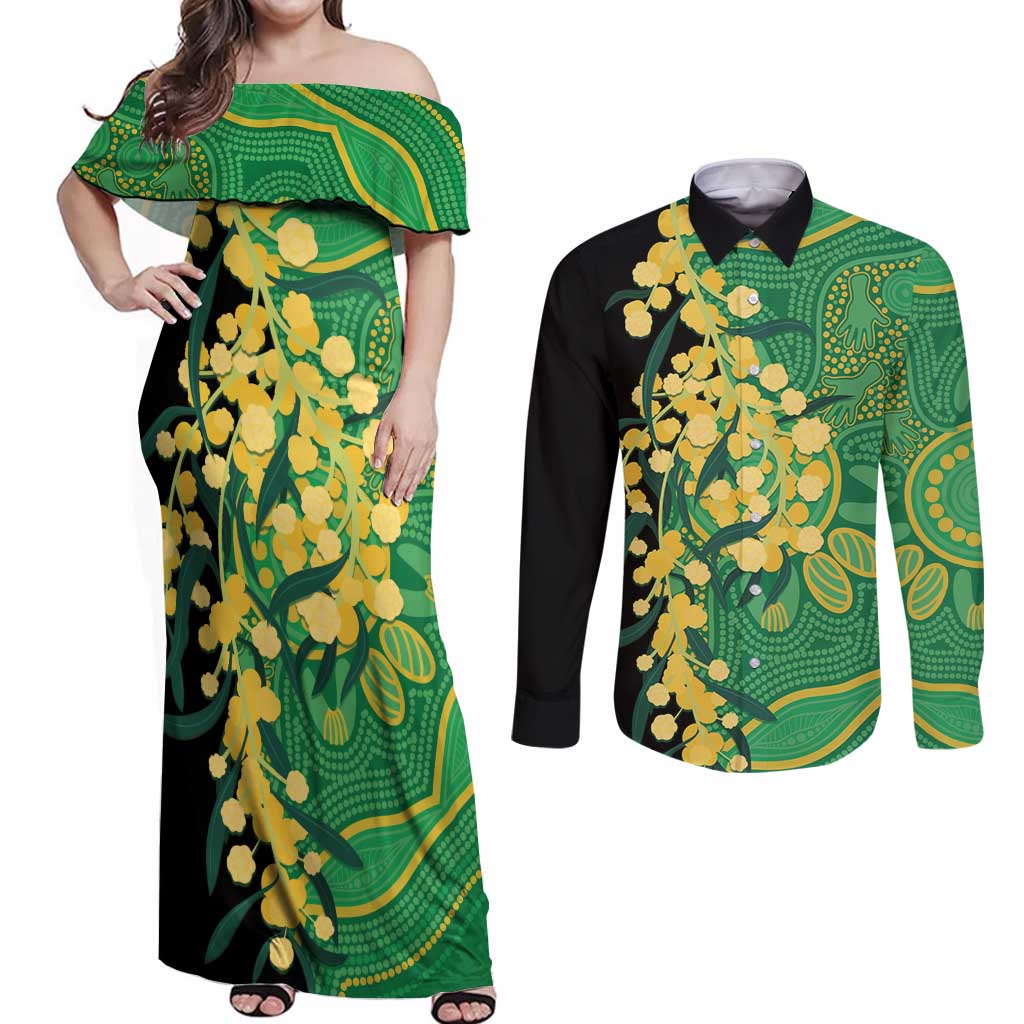 Australia Golden Wattle Couples Matching Off Shoulder Maxi Dress and Long Sleeve Button Shirt Aussie Native Flowers Indigenous Art - Aussie Hoodie