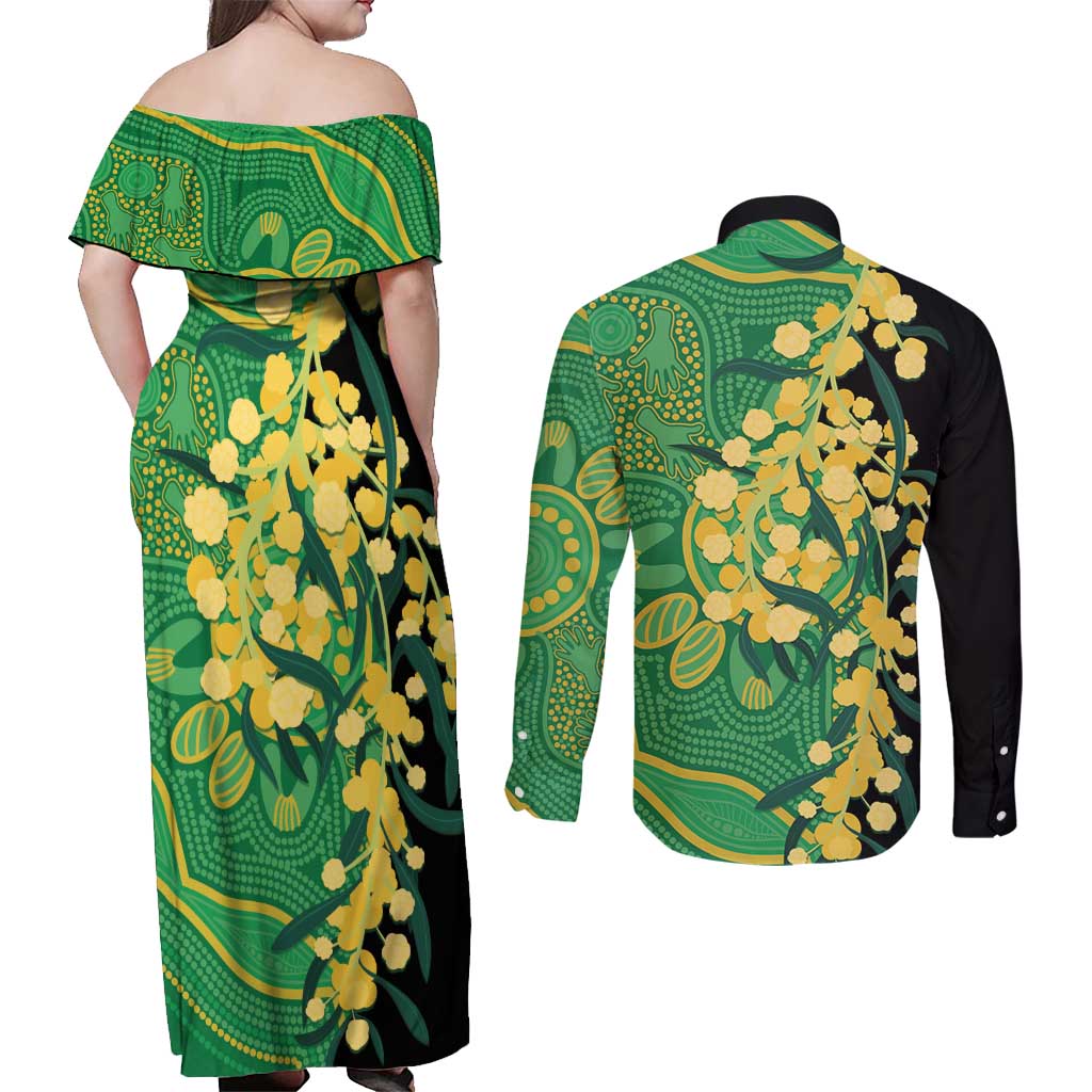 Australia Golden Wattle Couples Matching Off Shoulder Maxi Dress and Long Sleeve Button Shirt Aussie Native Flowers Indigenous Art - Aussie Hoodie