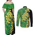 Australia Golden Wattle Couples Matching Off Shoulder Maxi Dress and Long Sleeve Button Shirt Aussie Native Flowers Indigenous Art - Aussie Hoodie