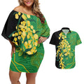 Australia Golden Wattle Couples Matching Off Shoulder Short Dress and Hawaiian Shirt Aussie Native Flowers Indigenous Art - Aussie Hoodie