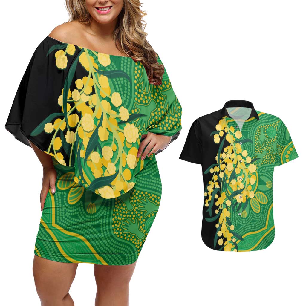 Australia Golden Wattle Couples Matching Off Shoulder Short Dress and Hawaiian Shirt Aussie Native Flowers Indigenous Art - Aussie Hoodie
