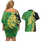 Australia Golden Wattle Couples Matching Off Shoulder Short Dress and Hawaiian Shirt Aussie Native Flowers Indigenous Art - Aussie Hoodie