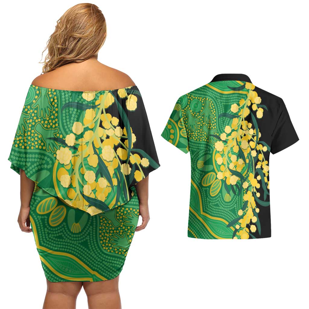 Australia Golden Wattle Couples Matching Off Shoulder Short Dress and Hawaiian Shirt Aussie Native Flowers Indigenous Art - Aussie Hoodie