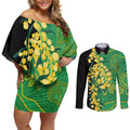 Australia Golden Wattle Couples Matching Off Shoulder Short Dress and Long Sleeve Button Shirt Aussie Native Flowers Indigenous Art - Aussie Hoodie