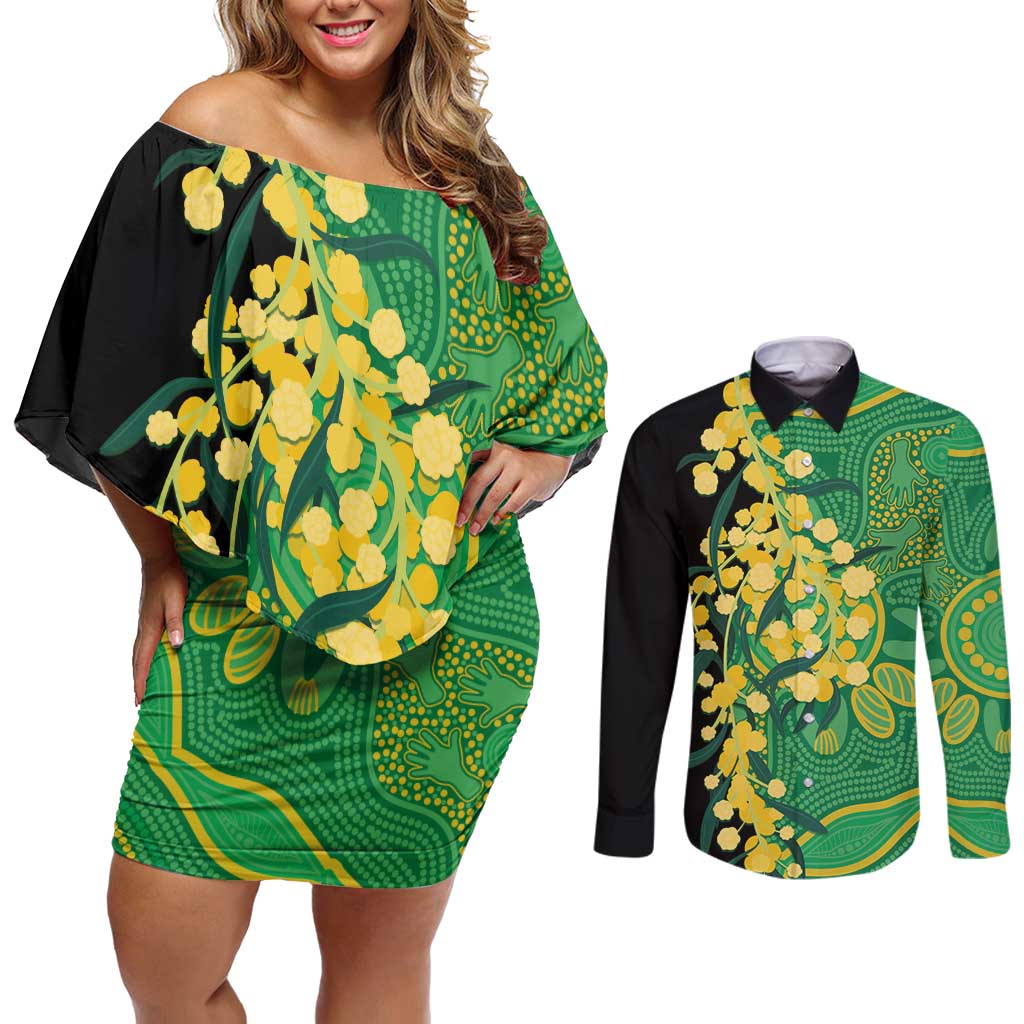 Australia Golden Wattle Couples Matching Off Shoulder Short Dress and Long Sleeve Button Shirt Aussie Native Flowers Indigenous Art - Aussie Hoodie