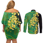 Australia Golden Wattle Couples Matching Off Shoulder Short Dress and Long Sleeve Button Shirt Aussie Native Flowers Indigenous Art - Aussie Hoodie