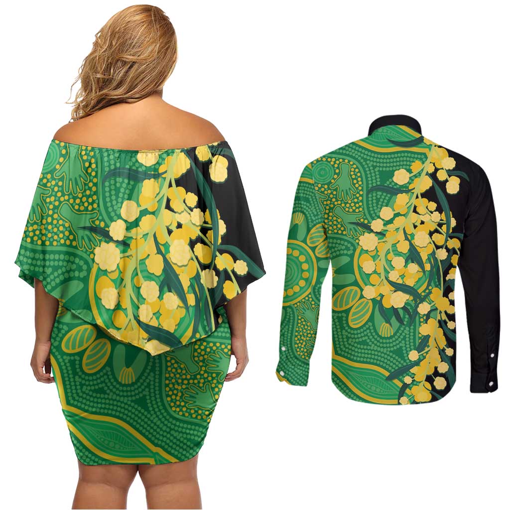 Australia Golden Wattle Couples Matching Off Shoulder Short Dress and Long Sleeve Button Shirt Aussie Native Flowers Indigenous Art - Aussie Hoodie