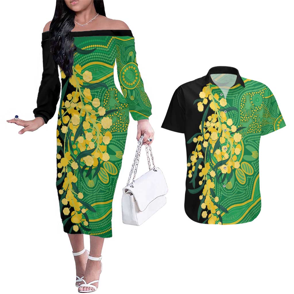 Australia Golden Wattle Couples Matching Off The Shoulder Long Sleeve Dress and Hawaiian Shirt Aussie Native Flowers Indigenous Art - Aussie Hoodie