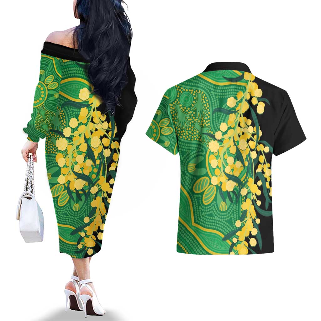 Australia Golden Wattle Couples Matching Off The Shoulder Long Sleeve Dress and Hawaiian Shirt Aussie Native Flowers Indigenous Art - Aussie Hoodie