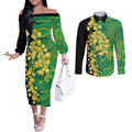 Australia Golden Wattle Couples Matching Off The Shoulder Long Sleeve Dress and Long Sleeve Button Shirt Aussie Native Flowers Indigenous Art - Aussie Hoodie