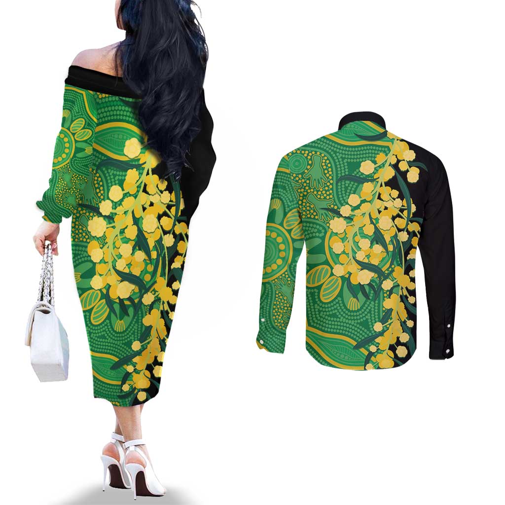 Australia Golden Wattle Couples Matching Off The Shoulder Long Sleeve Dress and Long Sleeve Button Shirt Aussie Native Flowers Indigenous Art - Aussie Hoodie