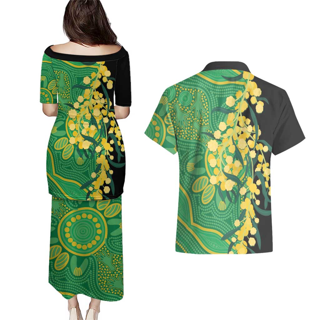 Australia Golden Wattle Couples Matching Puletasi and Hawaiian Shirt Aussie Native Flowers Indigenous Art - Aussie Hoodie