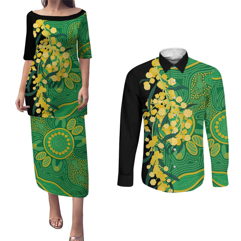 Australia Golden Wattle Couples Matching Puletasi and Long Sleeve Button Shirt Aussie Native Flowers Indigenous Art - Aussie Hoodie