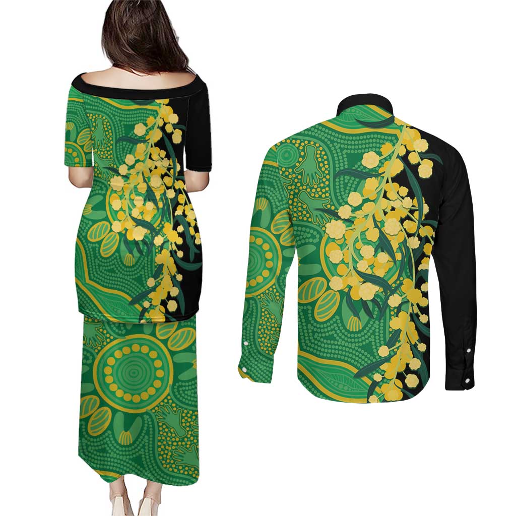 Australia Golden Wattle Couples Matching Puletasi and Long Sleeve Button Shirt Aussie Native Flowers Indigenous Art - Aussie Hoodie