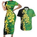 Australia Golden Wattle Couples Matching Short Sleeve Bodycon Dress and Hawaiian Shirt Aussie Native Flowers Indigenous Art - Aussie Hoodie