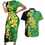 Australia Golden Wattle Couples Matching Short Sleeve Bodycon Dress and Hawaiian Shirt Aussie Native Flowers Indigenous Art - Aussie Hoodie