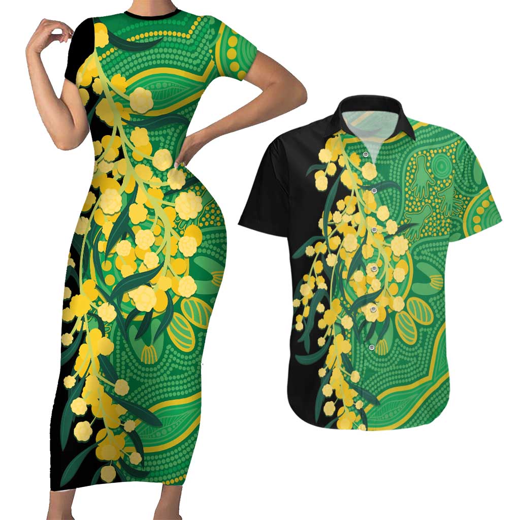 Australia Golden Wattle Couples Matching Short Sleeve Bodycon Dress and Hawaiian Shirt Aussie Native Flowers Indigenous Art - Aussie Hoodie