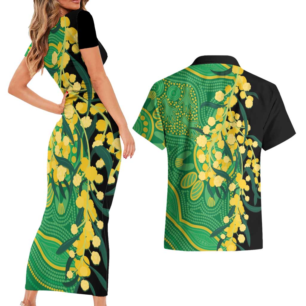 Australia Golden Wattle Couples Matching Short Sleeve Bodycon Dress and Hawaiian Shirt Aussie Native Flowers Indigenous Art - Aussie Hoodie
