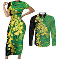 Australia Golden Wattle Couples Matching Short Sleeve Bodycon Dress and Long Sleeve Button Shirt Aussie Native Flowers Indigenous Art - Aussie Hoodie