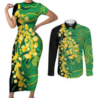 Australia Golden Wattle Couples Matching Short Sleeve Bodycon Dress and Long Sleeve Button Shirt Aussie Native Flowers Indigenous Art - Aussie Hoodie