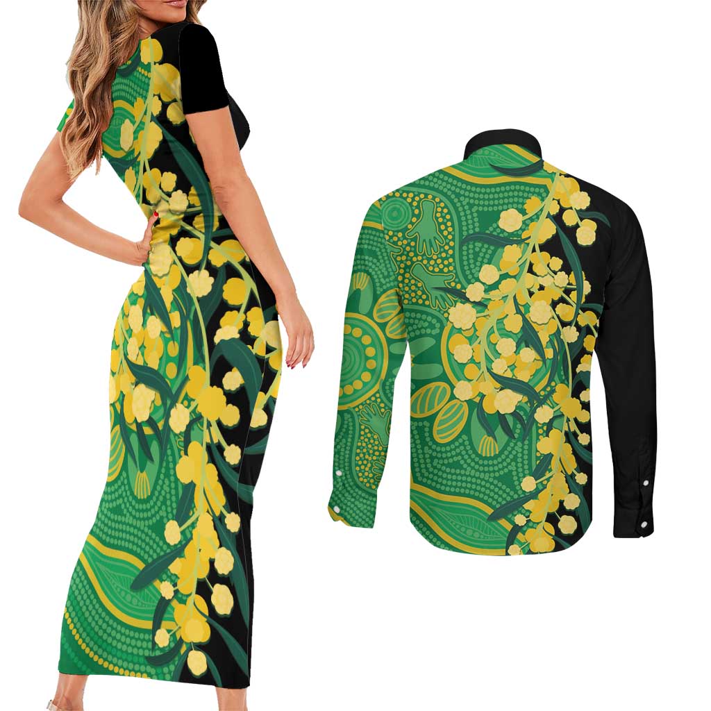 Australia Golden Wattle Couples Matching Short Sleeve Bodycon Dress and Long Sleeve Button Shirt Aussie Native Flowers Indigenous Art - Aussie Hoodie