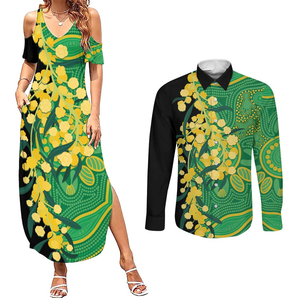 Australia Golden Wattle Couples Matching Summer Maxi Dress and Long Sleeve Button Shirt Aussie Native Flowers Indigenous Art - Aussie Hoodie