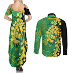 Australia Golden Wattle Couples Matching Summer Maxi Dress and Long Sleeve Button Shirt Aussie Native Flowers Indigenous Art - Aussie Hoodie