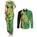 Australia Golden Wattle Couples Matching Tank Maxi Dress and Long Sleeve Button Shirt Aussie Native Flowers Indigenous Art - Aussie Hoodie