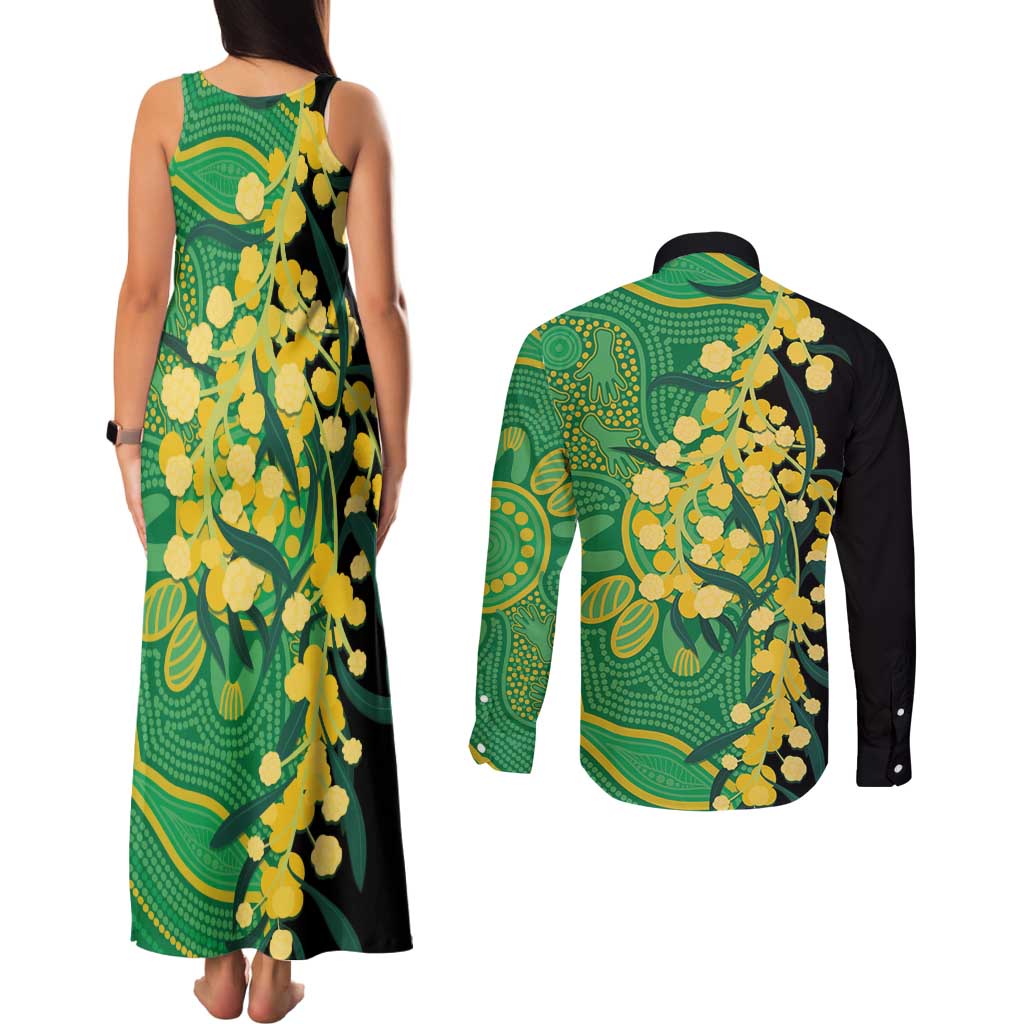 Australia Golden Wattle Couples Matching Tank Maxi Dress and Long Sleeve Button Shirt Aussie Native Flowers Indigenous Art - Aussie Hoodie