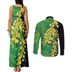 Australia Golden Wattle Couples Matching Tank Maxi Dress and Long Sleeve Button Shirt Aussie Native Flowers Indigenous Art - Aussie Hoodie