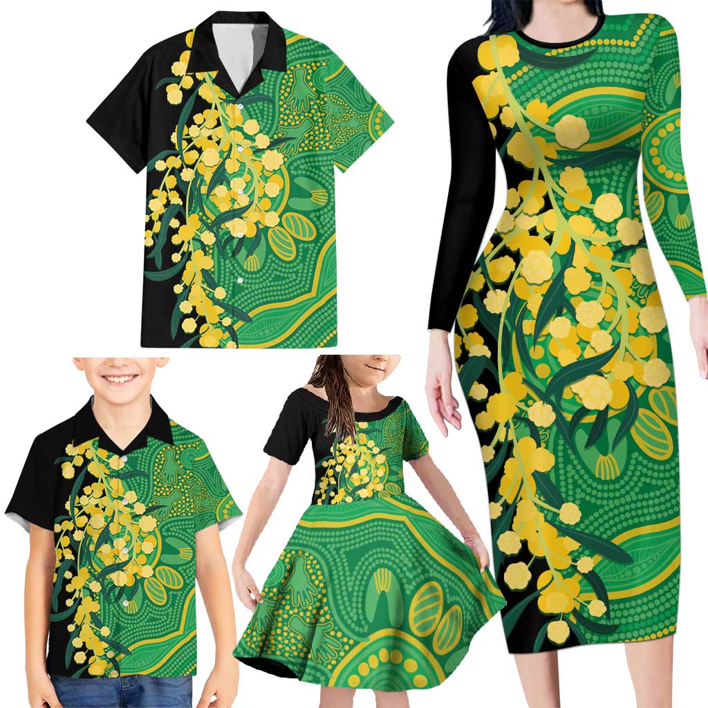 Australia Golden Wattle Family Matching Long Sleeve Bodycon Dress and Hawaiian Shirt Aussie Native Flowers Indigenous Art - Aussie Hoodie