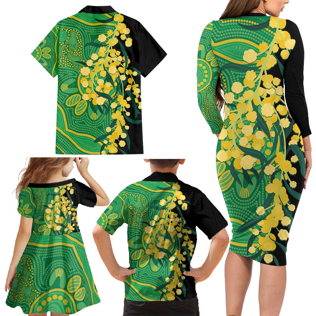 Australia Golden Wattle Family Matching Long Sleeve Bodycon Dress and Hawaiian Shirt Aussie Native Flowers Indigenous Art - Aussie Hoodie