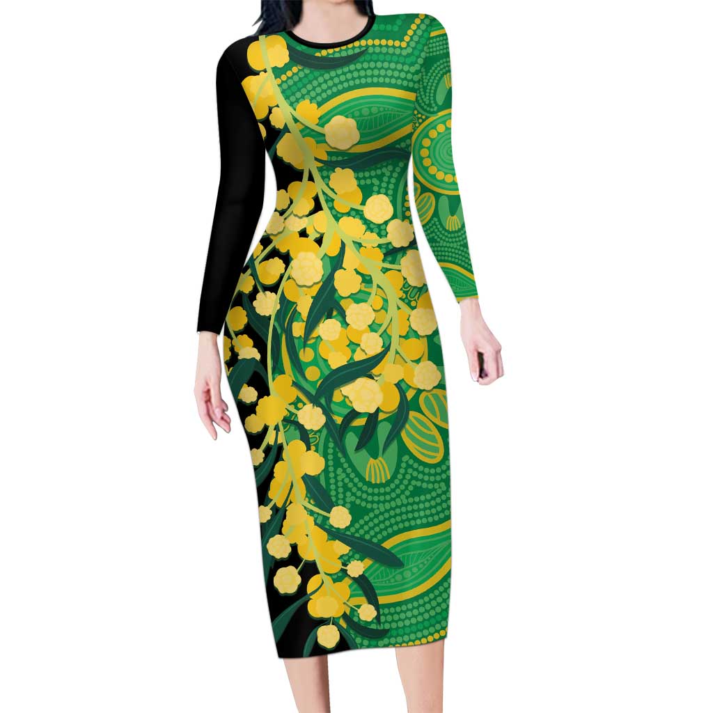 Australia Golden Wattle Family Matching Long Sleeve Bodycon Dress and Hawaiian Shirt Aussie Native Flowers Indigenous Art - Aussie Hoodie