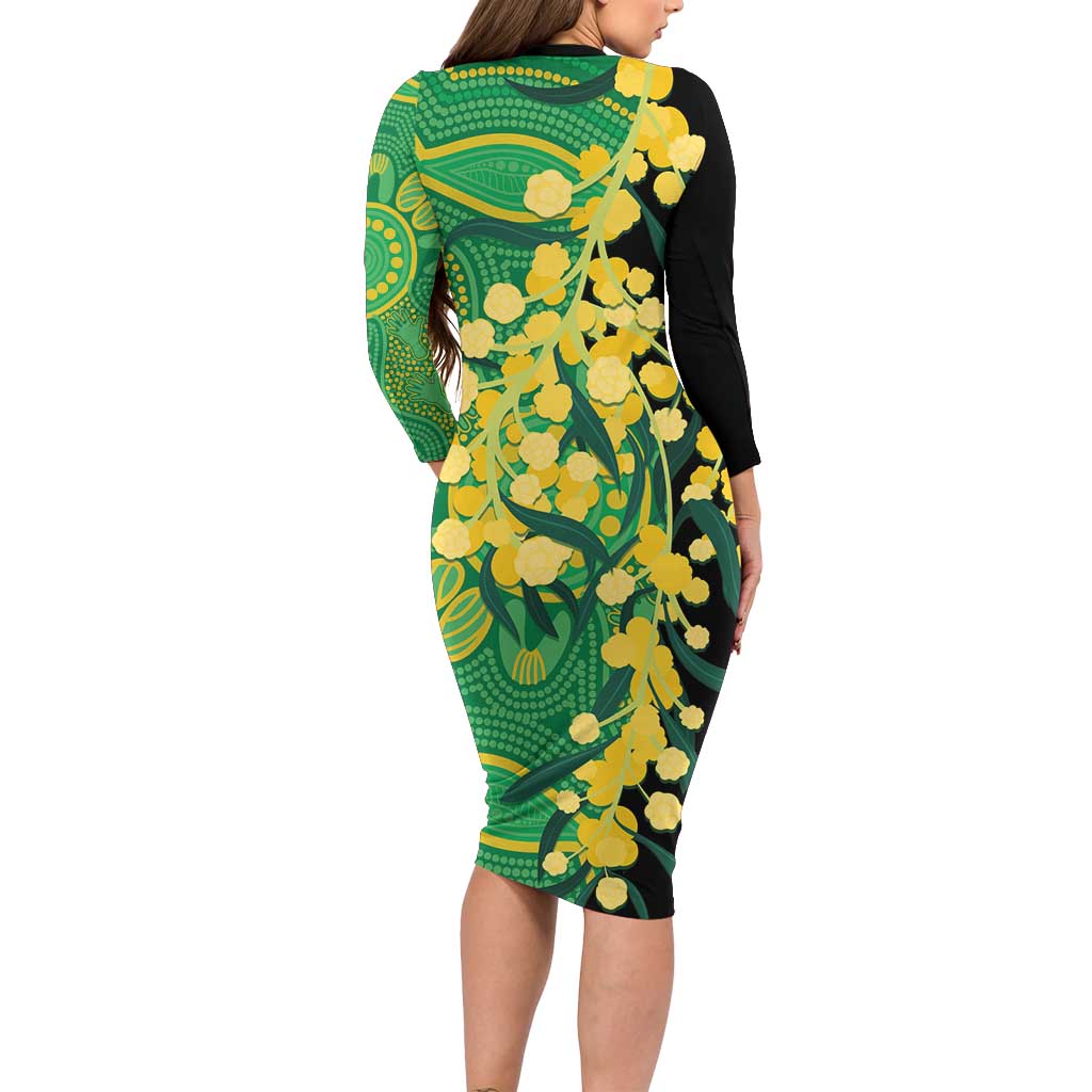 Australia Golden Wattle Family Matching Long Sleeve Bodycon Dress and Hawaiian Shirt Aussie Native Flowers Indigenous Art - Aussie Hoodie